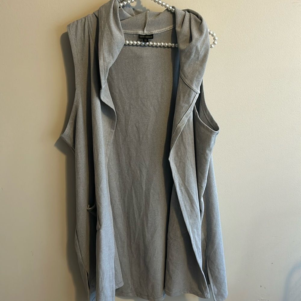 Coco + Carmen Womens Gray Heather Hooded Vest Open Front Cardigan Pockets 2XL